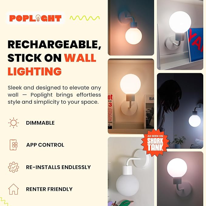 Poplight Wireless Wall Sconce (Shark Tank) Rechargeable & Dimmable LED Light w/App Control & Damage-Free Install, Moveable Modern Ambient Lighting for Elegant Home & Bedroom Decor | Popwhite