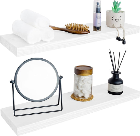 BGMG Wood Floating Shelves for Wall 30 inch Set of 2,White Floating Shelves,Solid Wood Wall Mount Shelves for Bathroom Living Room Bedroom Kitchen Farmhouse -30x 6.7 x1.25 inch