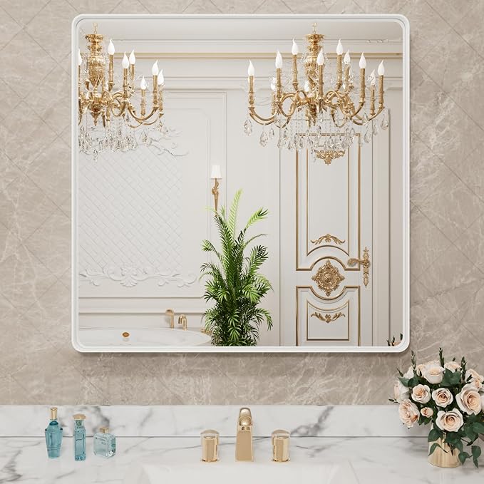 LOAAO 36x36 Inch White Metal Framed Bathroom Mirror for Wall, White Bathroom Vanity Mirror Farmhouse, Large Rounded Rectangle Mirror, Anti-Rust, Tempered Glass, Hangs Horizontally or Vertically