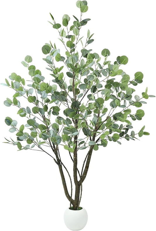 Caxchiling Artificial Eucalyptus Tree 5FT, Fake Tree for Indoor Outdoor, Lifelike Faux Large Floor Plants with Heavy Trunk with Vines and Ball-Shaped Pot, Home Office Living Room Bedroom Doorway Decor