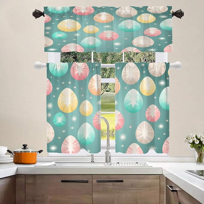 Shrahala Easter Eggs Stars Blackout Curtain Tiers, Colorful Easter Egg Pattern Kitchen Valance Light Blocking Tier Drapes with Rod Pocket, 2 Pack 26 X 36 in