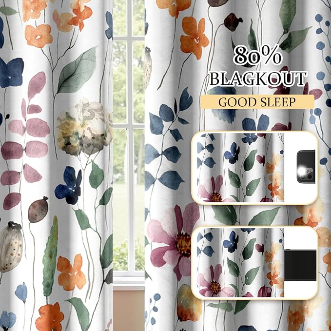 Boho Vintage Floral Blackout Curtains, Retro Watercolour Colorful Plant Leaf Flower Design Window Drapes, Living Room Bedroom Decor 2 Panels 52x63 Inch