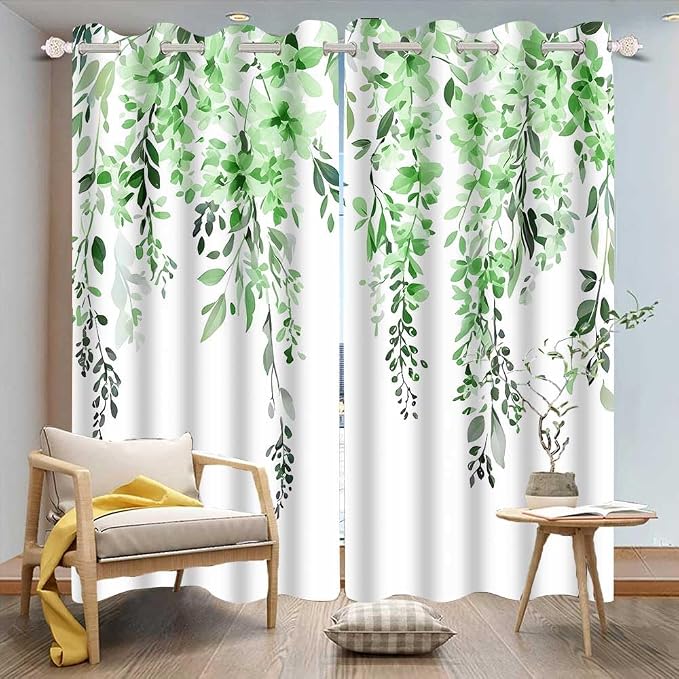 Green Watercolor Floral Curtains 84 inches Long, Botanical Leaves Vine Flowers Rustic Farmhouse Curtains, Blackout Window Treatment Drapes for Bedroom Living Room 52x84inch, 2 Panels