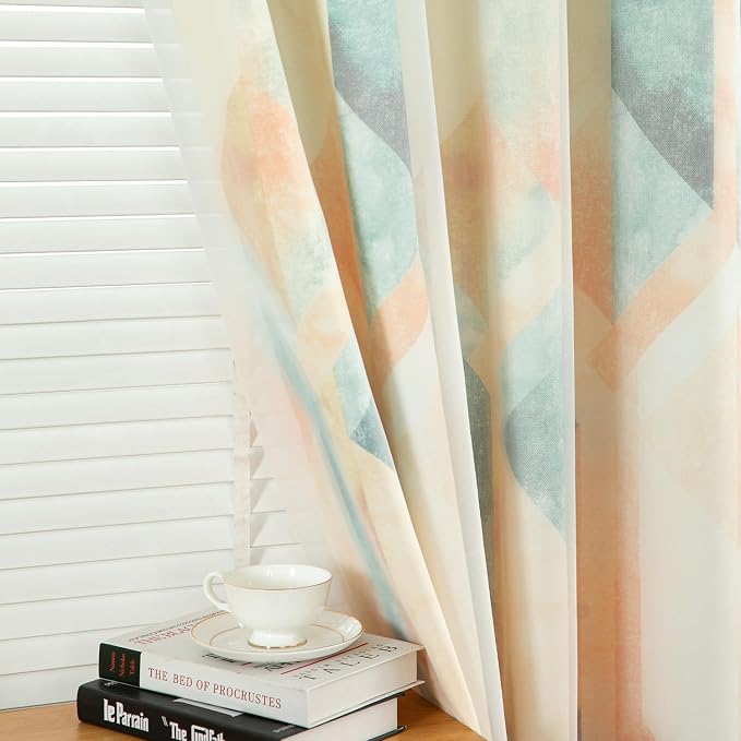 Leeva Short Double Layered Curtains, Linen Textured Geometric Print Privacy Window Treatment Curtain Panels for Bedroom, Set of 2 Grommet Top Drapes, 52 x 63 Inches, Orange