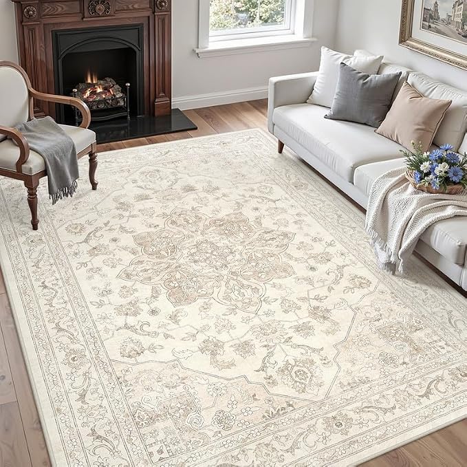 3x5 Area Rugs for Living Room: Vintage Boho Neutral Washable Rug Indoor Soft Large Area Rug Carpet for Bedroom Nursery Farmhouse Dining Room Office Floor Non-Slip Low Pile Under Table Rug Beige White