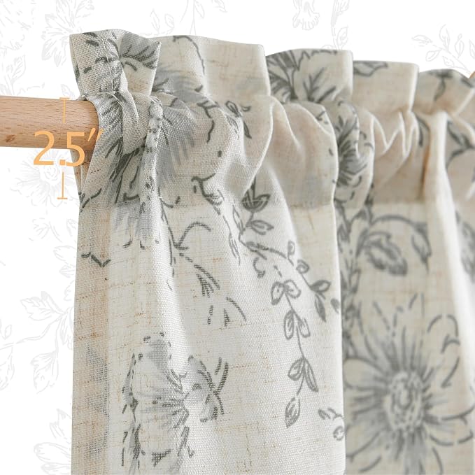 jinchan Floral Linen Tier Curtains 45 Inch Farmhouse Botanic Cafe Drapes for Small Windows Rustic Half Window Curtains for Kitchen Living Room Bathroom Laundry 2 Panels Grey on Beige