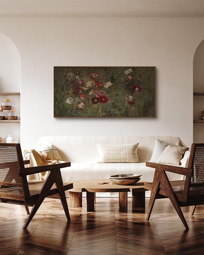 InSimSea Extra Large Framed Vintage Wall Art, Living Room Country Farmhouse Decor, Flowers Botanical Paintings, Canvas Prints, Retro Floral Long Picture for Bedroom Above of Bed,24x48inch