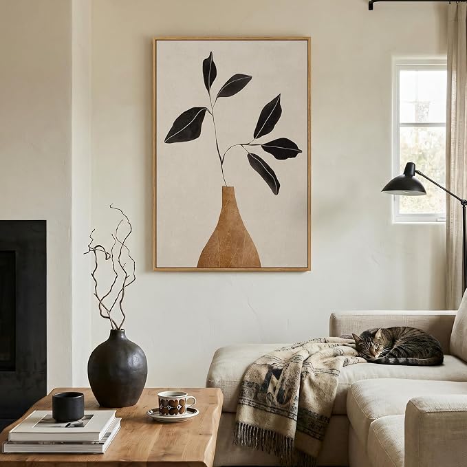 Framed Boho Abstract Neutral Floral Wall Art for Living Room, Minimalist Leaf in Brown Vase Print Canvas Artwork for Walls, Nordic Wabi Sabi Mid Century Modern Bedroom Kitchen Wall Decor, 24x36 In