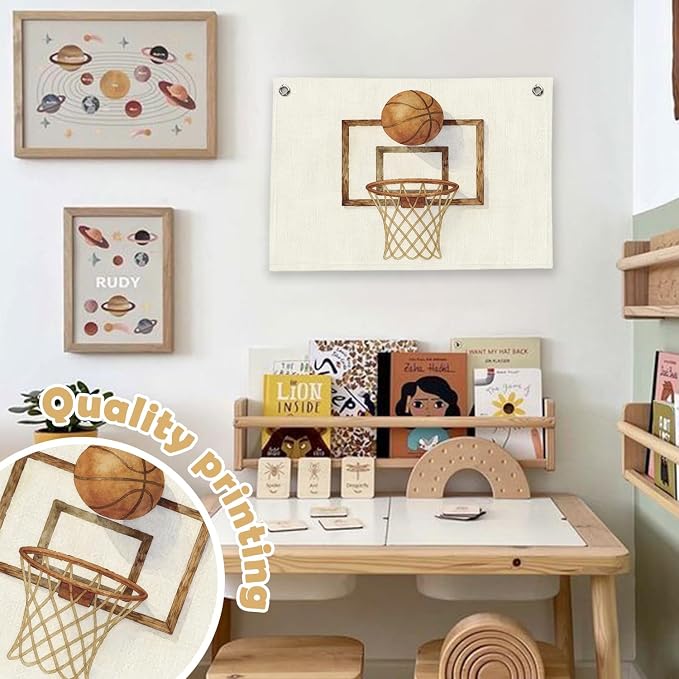 RTXLEZM Basketball Room Decor for Boys, Retro Basketball Hoop Canvas Banner Wall Hanging, Kids Playroom Wall Art Prints for Kids Toddler Boys Nursery Room Bedroom Playroom Decor, 20x30 Inch