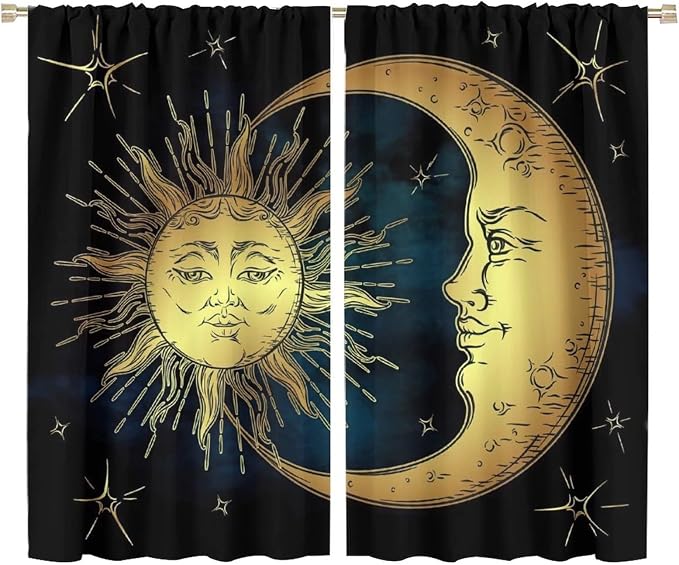 Sun Moon Blackout Windows Curtains, Boho Chic Art Golden Sun Moon and Stars Over Blue Black Sky Antique Style Curtains, for Living Room Bedroom 72x63in 2 Panels