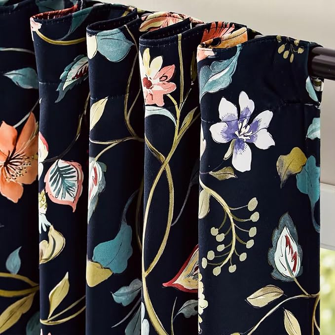 jinchan Hattie Dark Blue Floral Blackout Curtains 84 Inch Length – Room Darkening Drapes for Bedroom, Home Office & Study, Elegant Vintage Floral, Cozy Light Blocking, Set of 2 Panels Back Tab