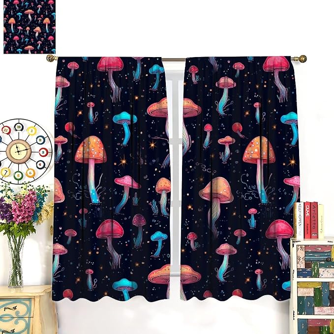 Fantasy Mushroom Curtains,Colorful Plant Print Window Treatments for Bedroom Living Room Kitchen Cartoon Herbs Floral Polyester Fabric Window Drapes 2 Panels Set,Total Size 55 x 63 Inch