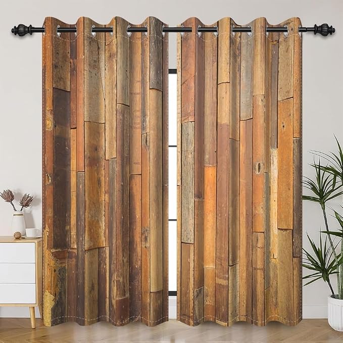 Wooden Curtains Vertical Planks Wooden Window Curtains Rustic Wooden Barn Door Grain Cottage Hardwood Garage Door Bedroom Living Room Window Drapes Decor with Grommets,53x72 inch,2 Panels