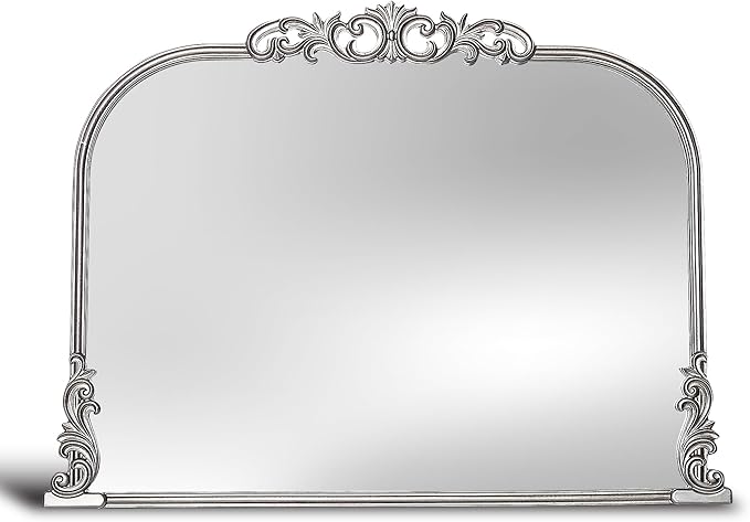 Wylde Iris English Estate Carved Arch Wood Wall Mirror, Mirror for Entryway, Living Room, Bathroom, Antique Silver, 30.6x41