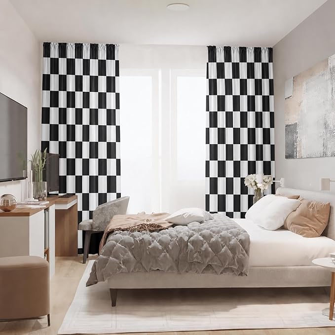 Black and White Curtains for Bedroom,Rod Pocket Checkered Semi Sheer Curtains Retro Plaid Light Filtering Curtains & Drapes for Living Room,Set of 2 Modern Window Curtain Panels,52 x 84 Inch