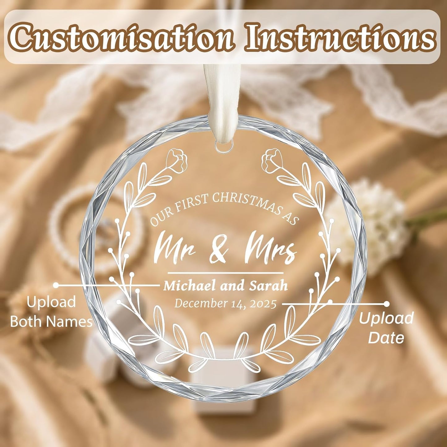 First Christmas Married Ornament 2025, Custom Wedding Crystal Glass Ornament with Photo, Name or Date, Personalized Wedding or Bridal Shower Gifts for Newlyweds