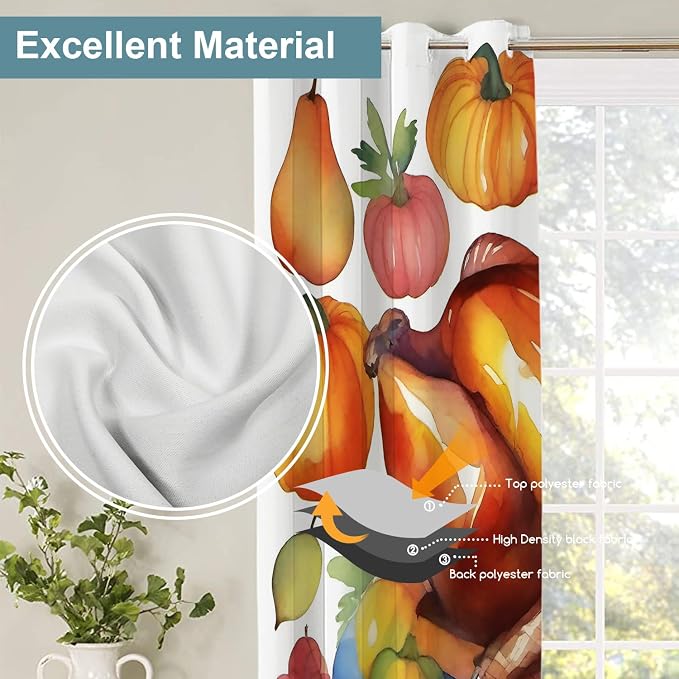Shrahala Turkey Pumpkin Thanksgiving Thermal Insulated Blackout Window Curtains, Watercolor Fruits Delicious Food Pears Long Drapes for Bedroom/Living Room with Plastic Grommet, 52X63 Set of 2