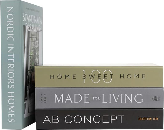 PROBENEX 4 Pcs Decorative Books | Faux Olive Coffee Table & Shelf Decor | Earthy Botanical Look for Living Room, Office and Entryway - Not Real, Tool-Free 2-Min Setup