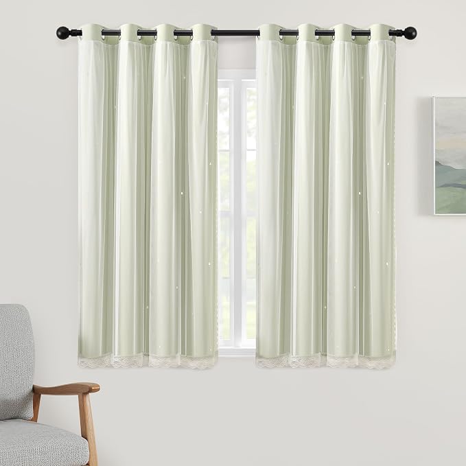 XiDi Green Short Blackout Curtains for Bedroom 54 Inches Long 2 Panels Set, Hollw Star Design, Thermal Insulated Energy Saving Window Treatment Curtains Blackout Drapes, W52 x L54 Inch, Sage Green