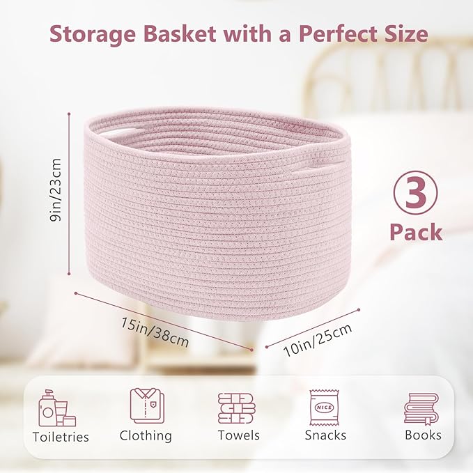 ECDYQXVU Cotton Rope Storage Basket, 15x10x9 Inches, Woven Basket for Shelves, Clothes, Towels, Books, and Laundry, Light Pink (3 Pack)