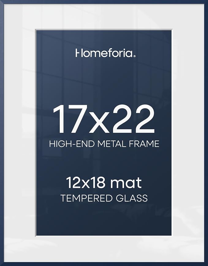 Homeforia 17x22 Picture Frame Navy Blue, High End Metal 17x22 Poster Frames with Mat 12x18 Photo, 17 x 22 Navy Blue Frame Matted to 12 by 18 Print, 22x17 Thin Frame, Tempered Glass, Wall Kit, Set of 1