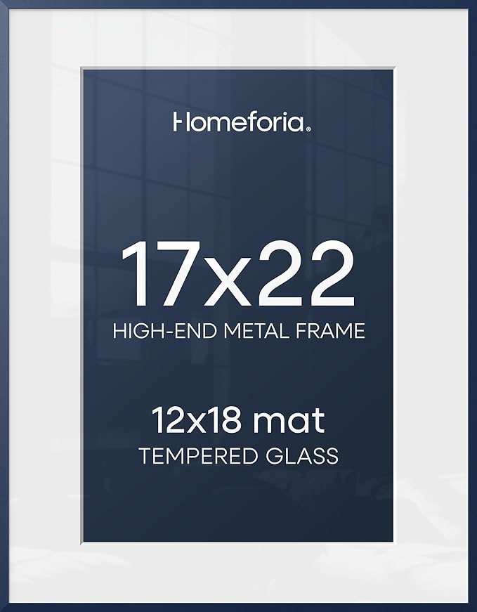 Homeforia 17x22 Picture Frame Navy Blue, High End Metal 17x22 Poster Frames with Mat 12x18 Photo, 17 x 22 Navy Blue Frame Matted to 12 by 18 Print, 22x17 Thin Frame, Tempered Glass, Wall Kit, Set of 2