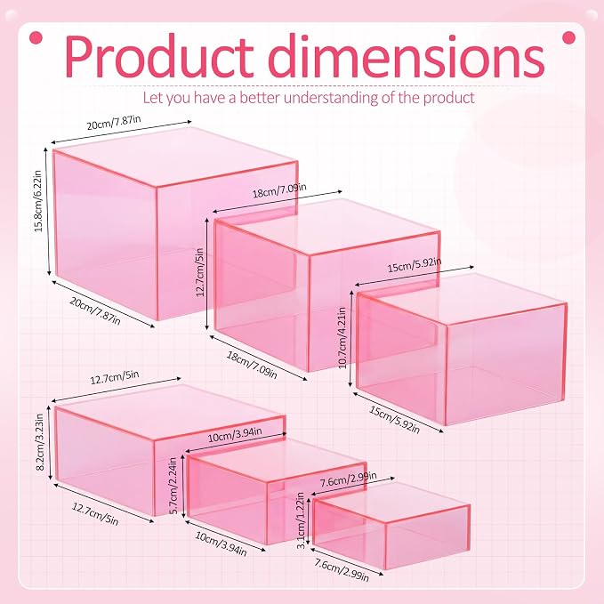 Geelin 6 Pack Acrylic Risers for Display Acrylic Cube Boxes Risers Display Stands with Hollow Bottoms Decorative Stand for Jewelry Candy Table Decor 6 Sizes(Clear Pink,3 to 8 Inch,Square)