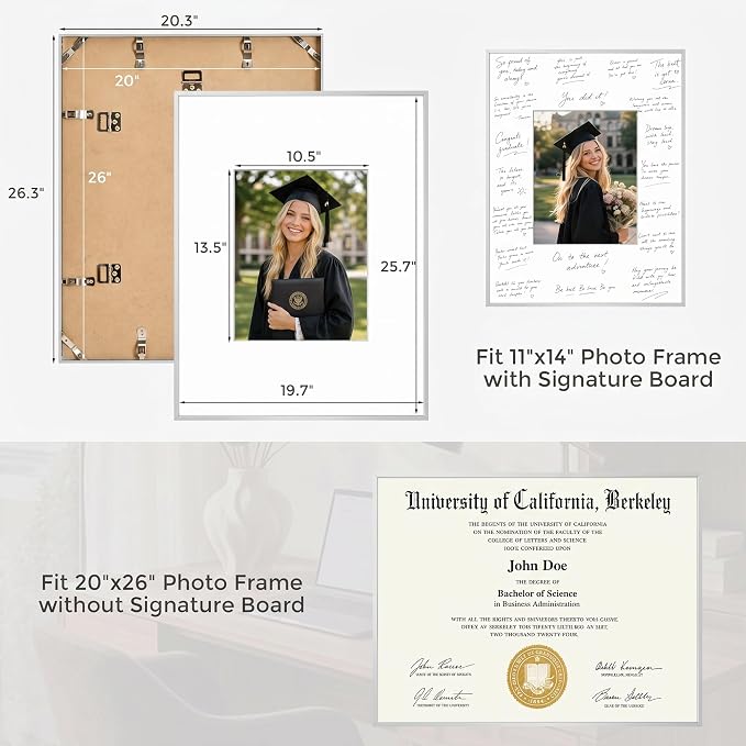 Signature Picture Frame 20x26, Aluminum Signable Frame with Glass, Silver | Sleek Silver Signable Frame with 11x14 for Wedding, Graduation, Birthday & Baby Shower Guest Book| Real Glass & Wall Kit