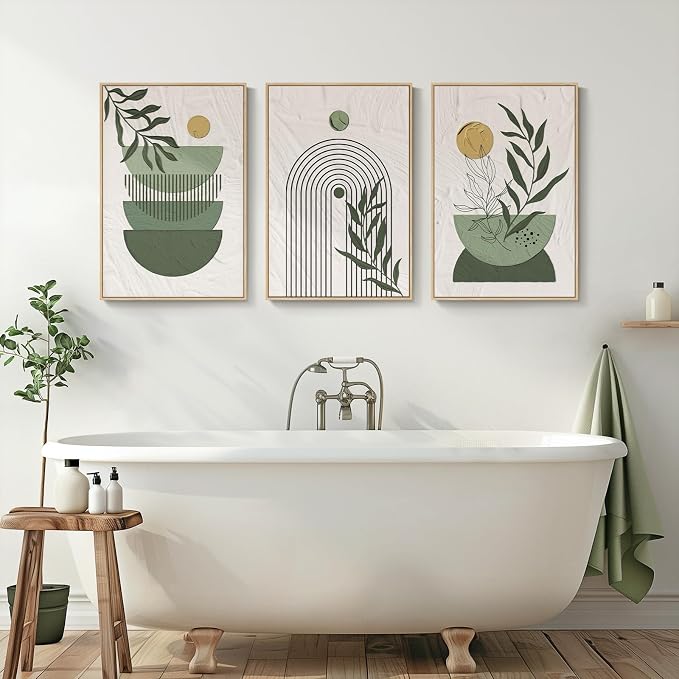 Large Framed Sage Green Boho Wall Art for Living Room, 3 Piece Mid Century Modern Bohemian Canvas Artwork for Walls, Botanical Paintings Prints Pictures Wall Decor for Bedroom Home Office, 24x36 Inch
