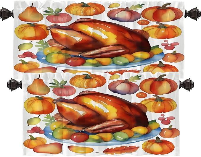 Shrahala Turkey Pumpkin Thanksgiving Blackout Short Curtains for Windows, Watercolor Fruits Delicious Food Pears Kitchen Valance Thermal Insulated Rod Pocket Window Treatment 2 Pack 52 X 18 in
