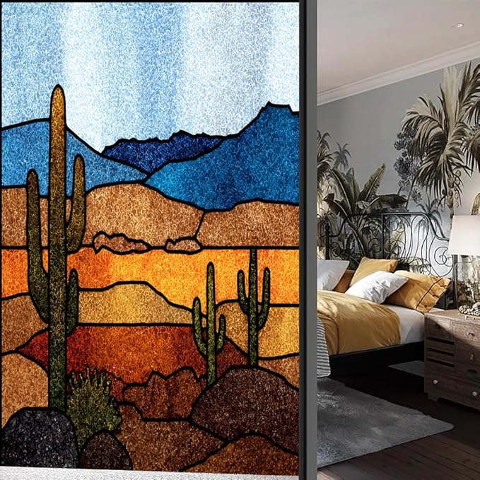 Abstract Desert Frosted Window Film, Colorful Cactus Texture Landscape Stained Glass Privacy Film, Heat Insulation Self-Adhesive Vinyl for Bathroom Office, 15.7Wx35.4L inch