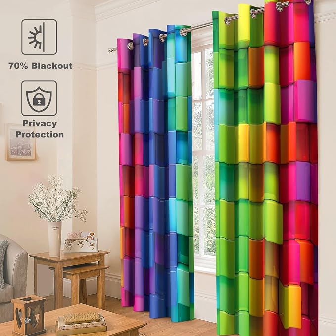 Jekeno Colorful Rainbow Blackout Curtains Colored 3D Looking Brick Block Contour Display Geometric Artisan Decor Home Bedroom Living Room Grommet Window Drapes 2 Panel Set, 42"x63"