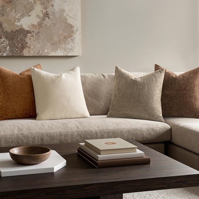 MIULEE Pack of 4 Fall Decorative Throw Pillow Covers 20x20 Inch Chenille Textured Throw Pillows Boho Farmhouse Cushion Covers Vintage Home Decor for Couch Sofa Bed Living Room，Beige Taupe Brown