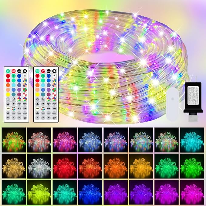 50ft Outdoor LED Rope Lights, IP68 Waterproof 25 Color Changing String Lights, Red White Blue for 4th of July Patriotic Decorations, Warm White & RGB Twinkle Fairy Light for Christmas Indoor Outside