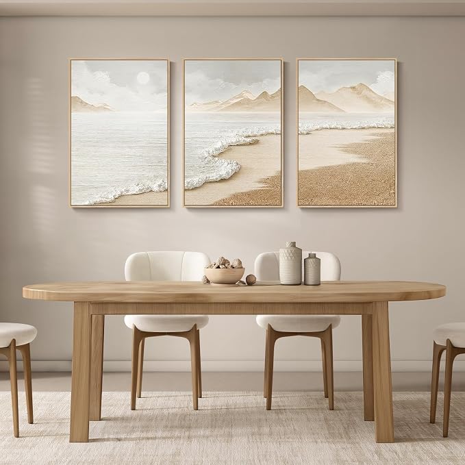 Framed Boho Abstract Beach Wall Art for Living Room, Large Neutral Coastal Canvas Prints Artwork for Walls, Set of 3 Piece Modern Minimalist Ocean Picture Print for Hallway Office Wall Decor, 24x36 In