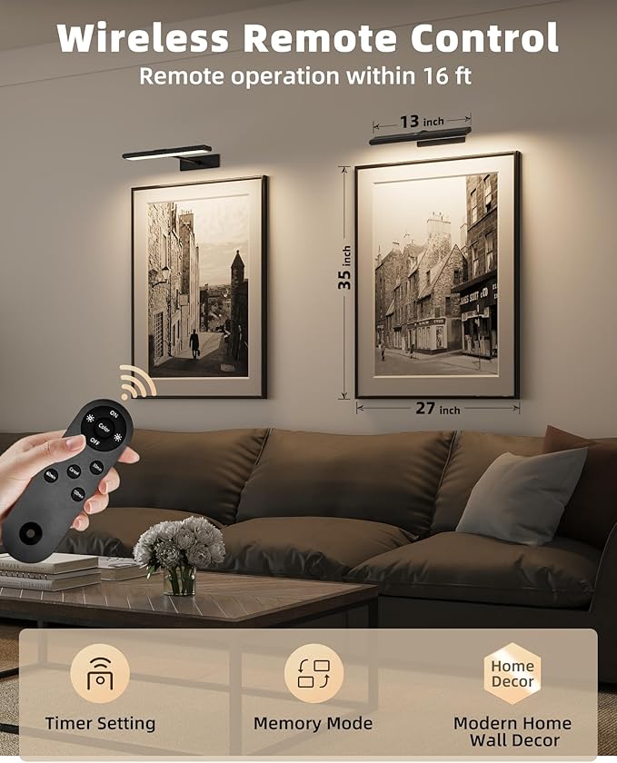 EZVALO Picture Light for Wall, 13'' Black Rechargeable 4800mAh Battery Lights Wireless Remote, Dimmable Magnetic LED Art Painting Light with 3 Color Temperatures, Display for Gallery, Living Room(2P)