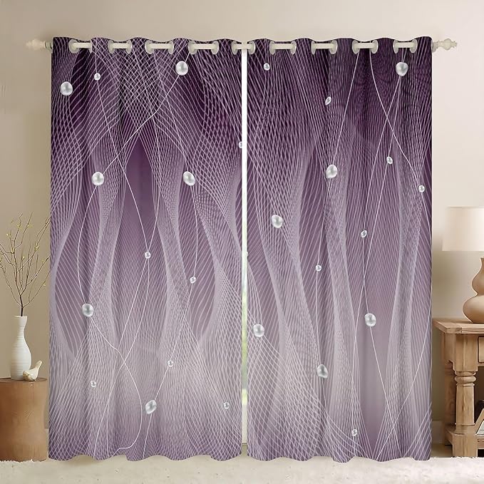 jejeloiu Purple Darkening Drapes Kids Ombre Strip Lines Curtains for Bedroom Living Room Gradient Style Pearl Blackout Curtains for Women Men Lightweight Abstract Window Treatments