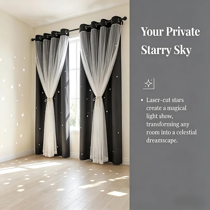 Kids Blackout Curtains for Bedroom/Living Room/Classroom, Sheer Overlay 2 Panel Set, Double Layer Curtains with Star Cutout for Kids Room(Each Piece W 70 x L 72 Inches 2 Pcs Grey)