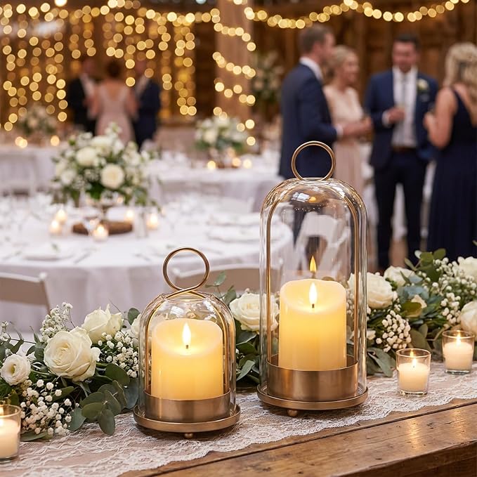 Brass Hurricane Handmade Sturdy Glass Dome Candle Holders with Glass Cover, Set of 2 Flameless Battery Operated LED Pillar Candles and Remote, Elegant Cloche Lantern for Modern Table Centerpiece