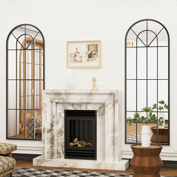Degfig Arched Full Length Mirror with Grids, 65"X22", Arched Window Pane Wall Mirror, Floor Standing Mirrors, Farmhouse Long Full Body Mirrors Wall Mounted for Living Room, Bedroom, Entryway, Black