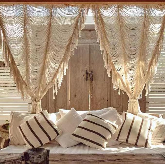 2 Panels Macrame Curtains 59" W x 75" H Boho Doorway Curtains Window Curtains Wall Hanging Handmade Fiber Yarn Art Woven Headboard Decor for Bedroom Living Room