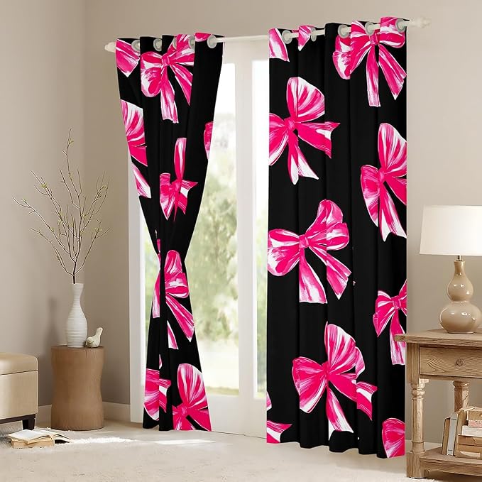Erosebridal Bowknot Kids Curtain Rose Pink Bow Window Curtain 42" Wx63 L for Boys Girls Teen,Watercolor Bow Tie Window Treatments Black Modern Simple 30%-50% Blackout Curtains for Bedroom