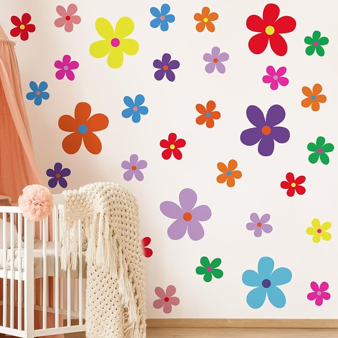 TaoBary 12 Sheet Daisy Wall Sticker Decal Removable Cute Daisy Bedroom Room Decor Flower Wall Sticker Pink White Flower Decal Wallpaper Peel and Stick for Nursery Home(Vivid Color,Exquisite Style)