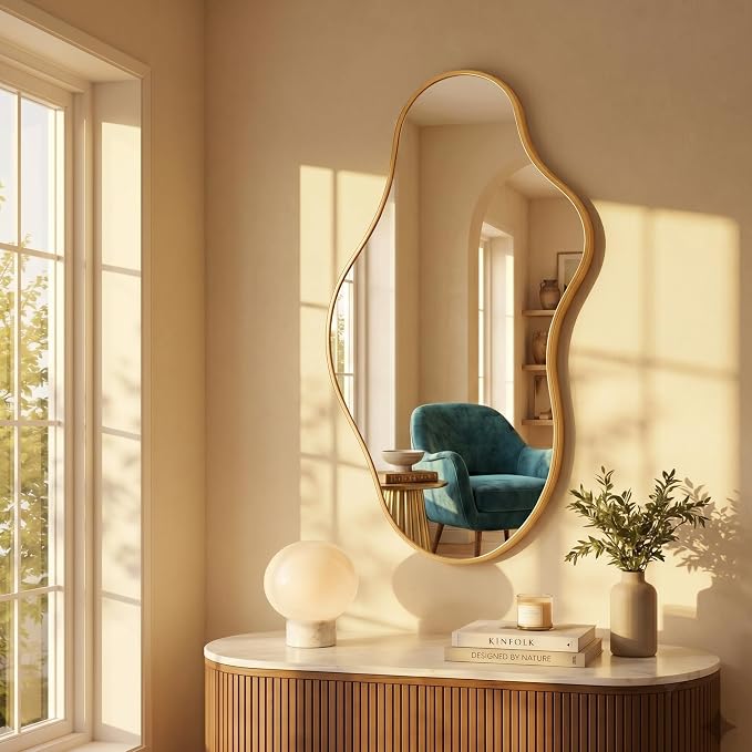Dorlicecass Bathroom Mirrors for Over Sink - Long Wall Mirrors Decorative 24"x 43" Asymmetrical Abstract Aviation Aluminum Alloy Frame Unique for Bedroom, Living Room, Cloakroom, Entryway Gold