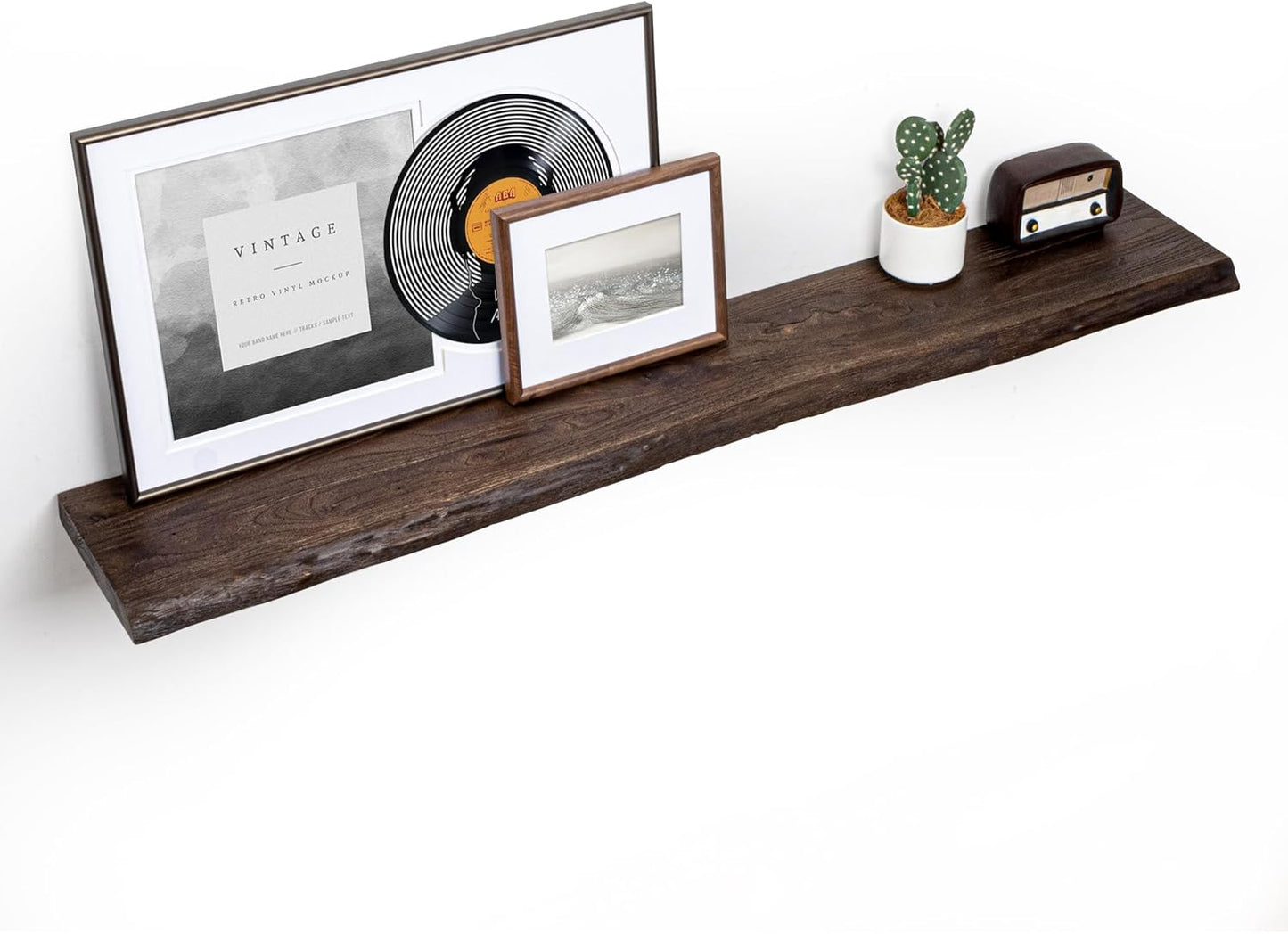 Floating Shelves for Wall, 55"x9.3" Rustic Solid Live-Edge Elm Wood Wall Shelves, Heavy-Duty Floating Shelves with Invisible Brackets, Set of 2 for Living Room, Bedroom, and Kitchen, Walnut Finish