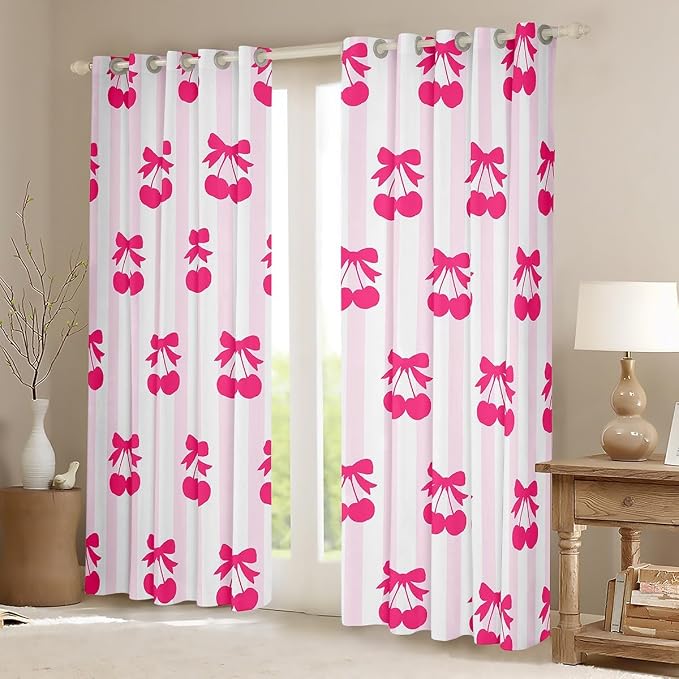 Feelyou Pink Girls Bow Curtains for Bedroom Living Room (2 Panels, 38 x 45 Inch) Kawaii Cherry Prints Darkening Dreapes Boys Teens Decor Stripes Blackout Curtains Cute Bowknot Window Treatments