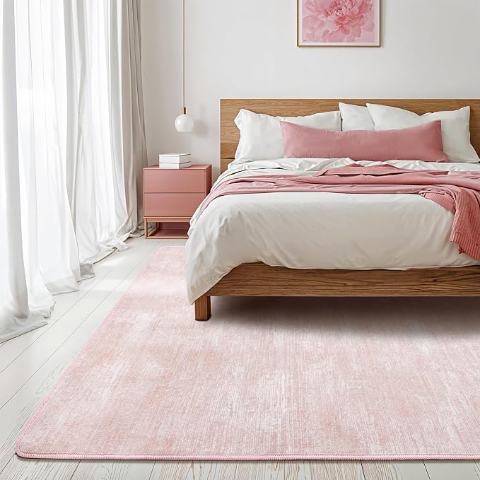 4x6 Washable Area Rug, Pink Solid Area Rugs for Living Room & Bedroom | Stain-resistant & Non-slip backing,Low Pile Washable Large Carpet, Solid Vintage Style For High Traffic Areas(4x6,Pink)