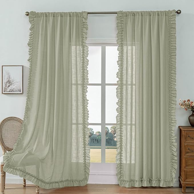 Light Sage Green Linen Curtains 63 Inch Length 2 Panels, Each W58 x L63 Inch, Boho Spring Farmhouse Scalloped Flowy Curtains for Bedroom, Rod Pocket Privacy Semi-Sheer Cottage Ruffle Curtain Drapes