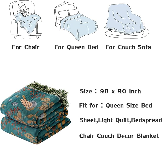 Queen Throw Blanket for Bed 100% Cotton Boho Soft Quilt Birds and Floral Double Embroidery Spring Breathable Bed Blanket,90"x90" Lightweight All Season Blankets for Bedding Couch Home Decor