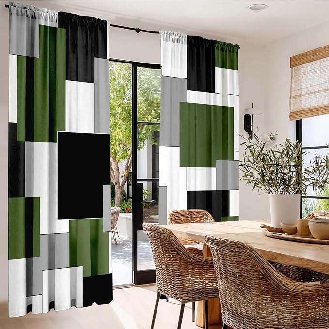 Green and Black Curtains for Living Room 84 Length Curtains Modern Geometry White Green Abstract Rod Pocket Curtain for Bedroom Kitchen Room Window Drapes 2 Panels